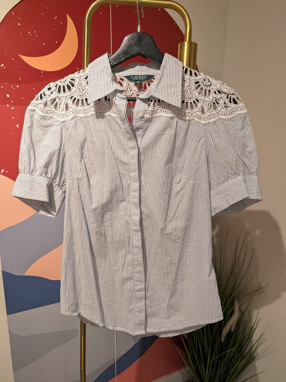 Lauren Ralph Lauren White & Blue Pinstripe Lace-Yoke Button-Up Top